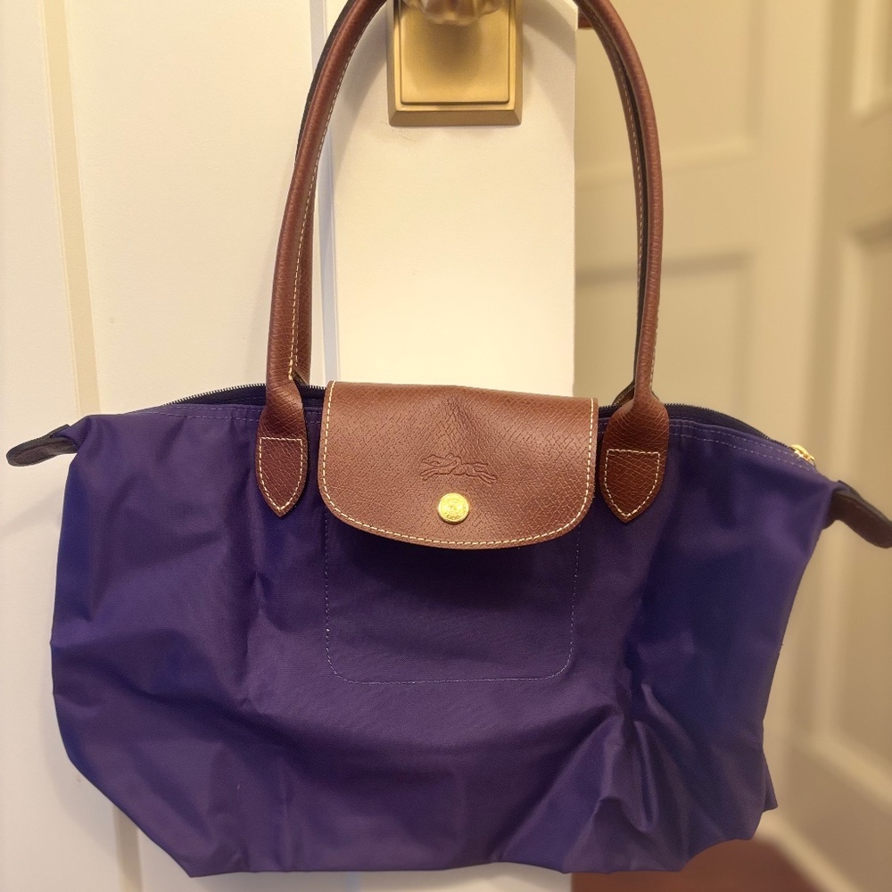 Longchamp Purple Nylon Small Shoulder Bag with Brown Leather Trim